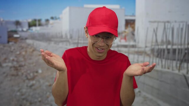 Man in red cap and glasses shrugs shoulders with palms up at bustling construction site under bright sunlight; confusion.