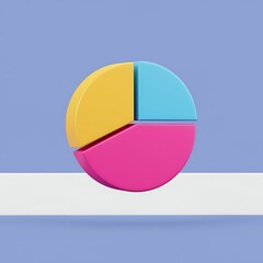 Fototapeta premium Pie chart with three sections in yellow pink and blue on a purple and white background colorful 3D pie chart for data representation and statistics