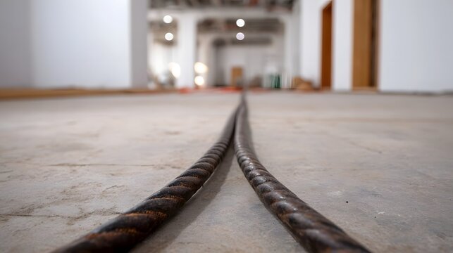 Thick heavy industrial cables laid on a rough concrete floor stretching into the distance within a construction site interior