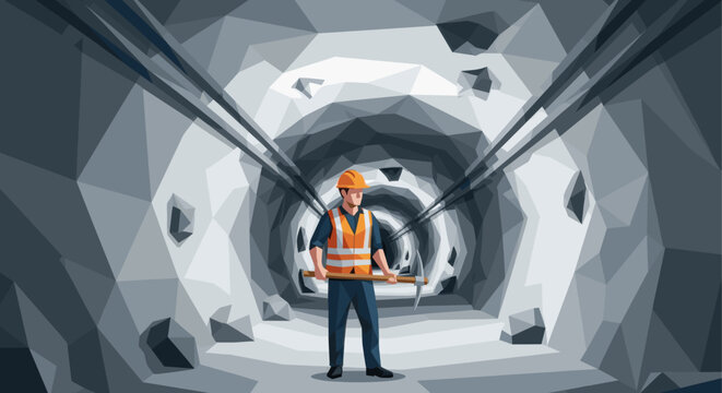 Stylized illustration of a mine worker with a pickaxe in a tunnel, low poly design. Suitable for various industrial and construction related projects.