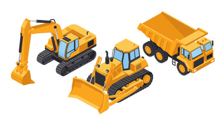 Fototapeta premium Isometric illustration of a construction vehicle set. Includes an excavator, bulldozer, and dump truck. Ideal for construction, engineering or transportation themed designs.