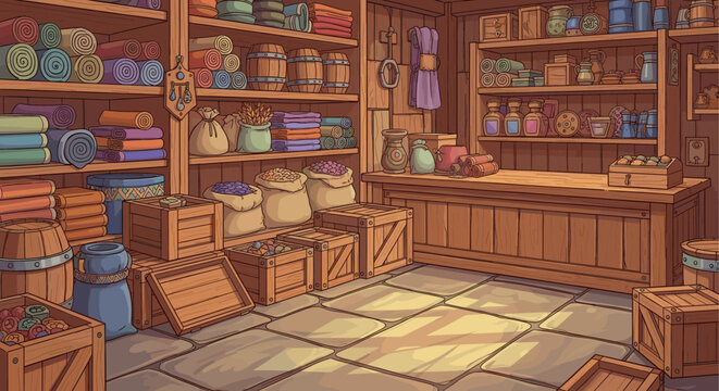 Cartoon illustration of a medieval fantasy shop, stocked with barrels, crates, potions, scrolls and bags. Can be used for backgrounds, games, books, websites, and other fantasy projects.