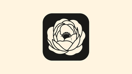 Cream flower illustration within a rounded black square on a light background