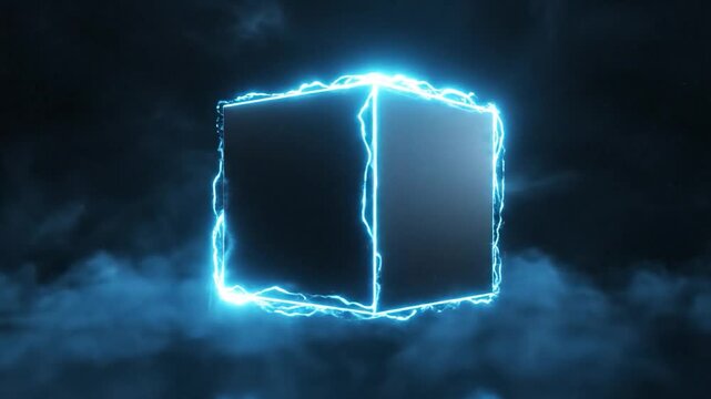 A vibrant blue electric square glows intensely amidst dark, smoky clouds.