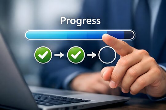 Businessman marking a checklist with a loading progress bar, representing task tracking, project development, workflow management, and monitoring ongoing business progress.