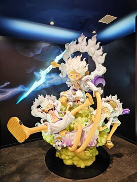 Tokyo, Japan - January 15, 2026: One Piece Monkey D. Luffy Gear 5 statue at Mugiwara Store Harajuku Tokyo.