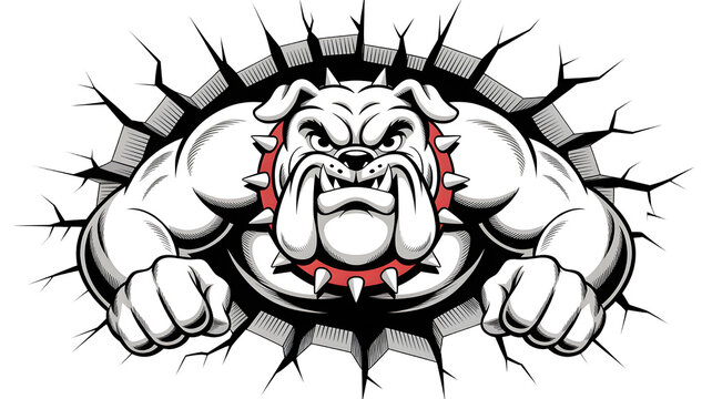 Angry muscular bulldog bursting through a wall with a spiked red collar illustration.