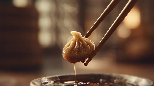 Chopsticks lifting a steamed dumpling above a bowl of dipping sauce
