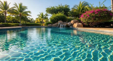 Fototapeta premium A beautiful swimming pool with clear turquoise water surrounded by lush tropical plants and a small waterfall feature on a sunny day