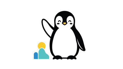 Fototapeta premium Friendly cartoon penguin character waving its wing with a happy smiling face next to small blue and yellow ice shapes on white background.