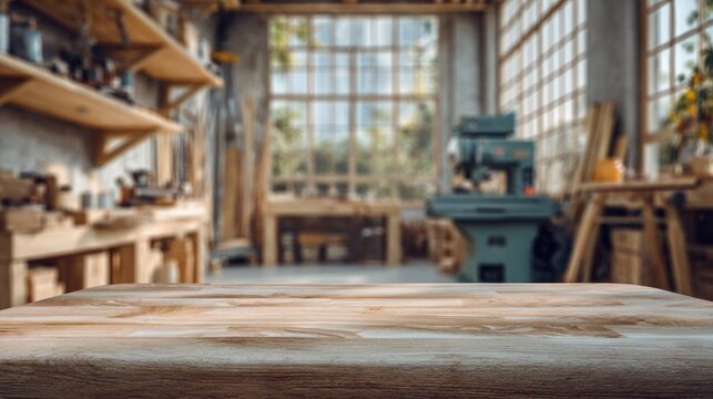 A wooden table in a workshop with various tools and equipment.