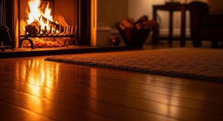 Fototapeta premium A warm inviting fireplace glows in a cozy living room creating a relaxing atmosphere for winter evenings