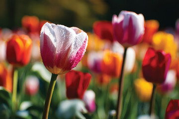 Fototapeta premium A field filled with a mix of colorful tulips displaying dew on the petals, inviting viewers to appreciate the beauty of nature during spring blossoming.