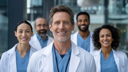 Fototapeta premium A group of healthcare professionals standing in front of a modern hospital building.