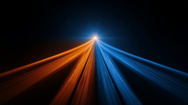 Abstract beams of blue and orange light converging toward a bright point, representing business digital transformation, technology convergence and strategic alignment.