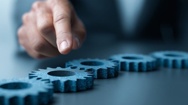 Hand adjusting metal gear on table representing change management transformation, strategy alignment, process optimization and leadership intervention.