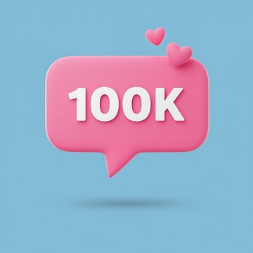 Social media milestone 100k followers pink speech bubble with hearts on blue background