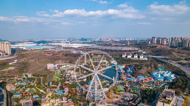 Amusement Park Aerial View with Ferris Wheel and City Skyline