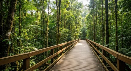Obraz premium A wooden boardwalk path through a vibrant, lush green forest, leading into sunlight