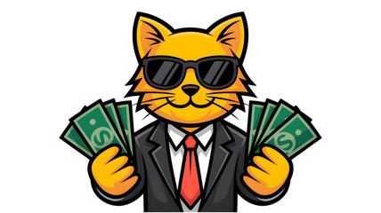 Cool pixel art cat wearing a black suit and sunglasses holding fans of cash money