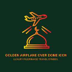 Golden airplane flying over mosque dome