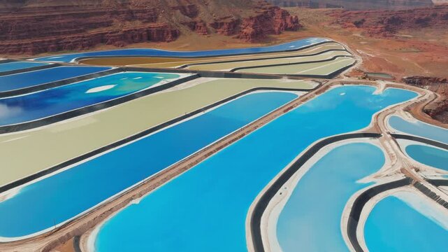 Aerial view of evaporation ponds creates a stunning contrast against the red rock formations, a vibrant display of colors and textures, Moab, Utah, United States.