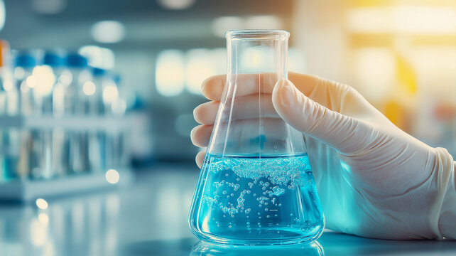Gloved hand holding conical flask with blue bubbling liquid in laboratory setting, scientific atmosphere and warm light