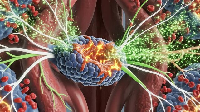 High pressure inside renal arteries alters filtration gradients in the nephrons. Filtration membranes glow under stress, and regulatory hormone signals become overactive