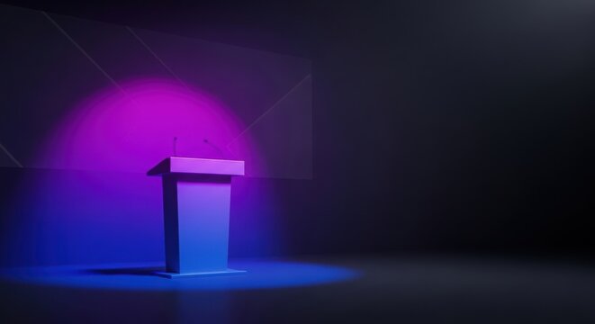A brightly lit podium stands ready for a speaker in a dark room under magenta and blue lights