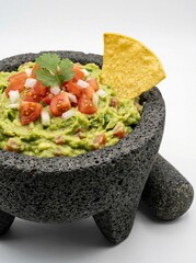 Guacamole in molcajete with tortilla chip and fresh cilantro lime garnish