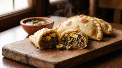 Empanada de Carne split open on wooden board with steaming savory filling