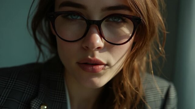 Close-up portrait of a young woman with glasses and brown hair, wearing a plaid jacket, looking into the camera in natural light, modern and stylish appearance.