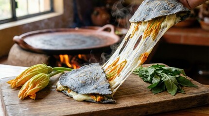Quesadilla with squash blossoms and melted cheese stretched over blue tortilla