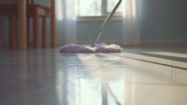 microfiber mop cleaning white tiled floor with soft morning sunlight