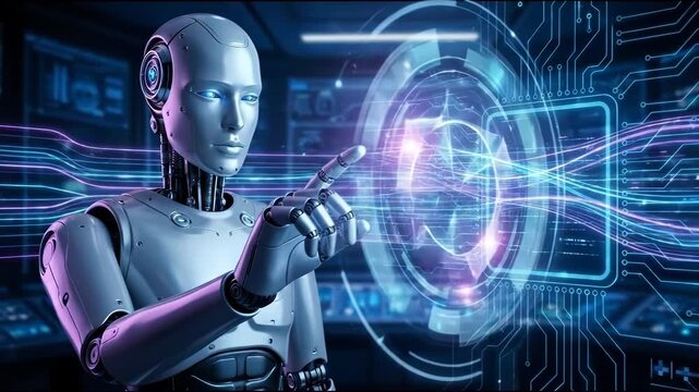 Robot interacts with technology in a futuristic lab setting during a demonstration of artificial intelligence