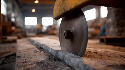 Industrial circular saw blade precisely cutting a concrete surface in a workshop