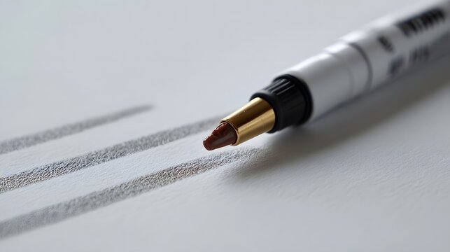 A brown tipped marker creating parallel lines on a textured white paper surface in a closeup view