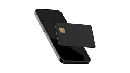 Black smartphone and premium credit card with gold chip floating on a white background mockup.