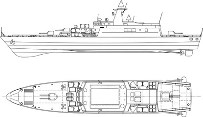 Black and white line of a military patrol boat side and view navy warship vessel © Riyaj Vector Valley