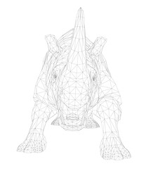 A low poly rhino growls aggressively in a black and white wireframe drawing. The geometric animal has an intricate, stylized form on a clean white background.