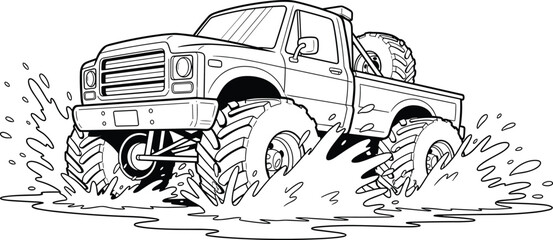 Black and white line of a monster truck driving through water splashes off road vehicle transportation © Riyaj Vector Valley