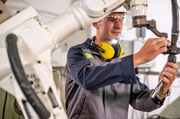 Robotics control engineers setting and maintain spare parts of industrial robot arm controller in production plant factory