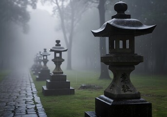Stone lanterns in japanese garden during rain