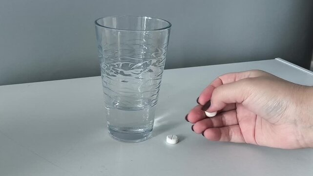 A woman's hand takes a pill and a glass of water from the table. Taking medicines for treatment. Dosage of tablets. ARVI, ARI