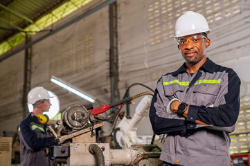 Robotics control engineers setting and maintain spare parts of industrial robot arm controller in production plant factory