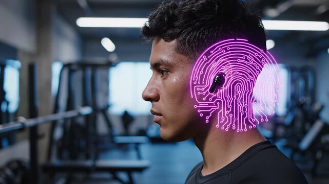 Young Hispanic male wearing wireless earbuds in gym setting, showcasing progressive visual effects of sound waves and digital patterns around his head