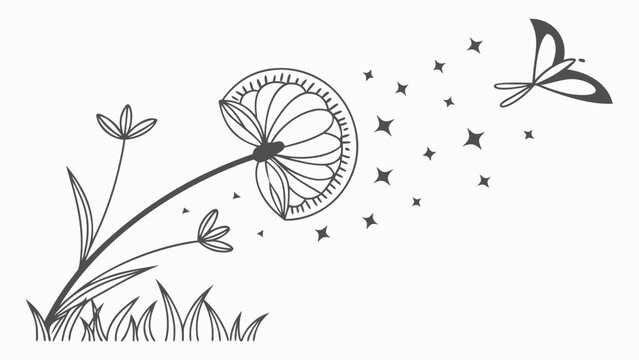 Black and white dandelion illustration with butterfly and stars.
