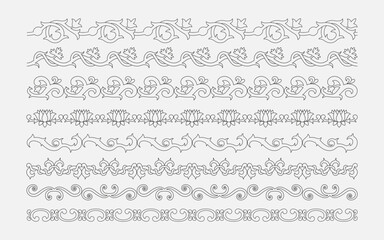 Fototapeta premium Seamless medieval borders with flowers, thorns, vines and swirls. Outline dividers with interwoven stems and various gothic elements. Elegant victorian patterns in black color. Vector graphic