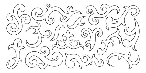 Fototapeta premium Ornate outline silhouettes or antique scrolls and swirls for frames, dividers and borders design. Elegant black contour flourishes. Baroque vector design