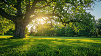 Obraz premium Beautiful manicured green lawn with a majestic old tree spreading wide branches in a serene landscape park.